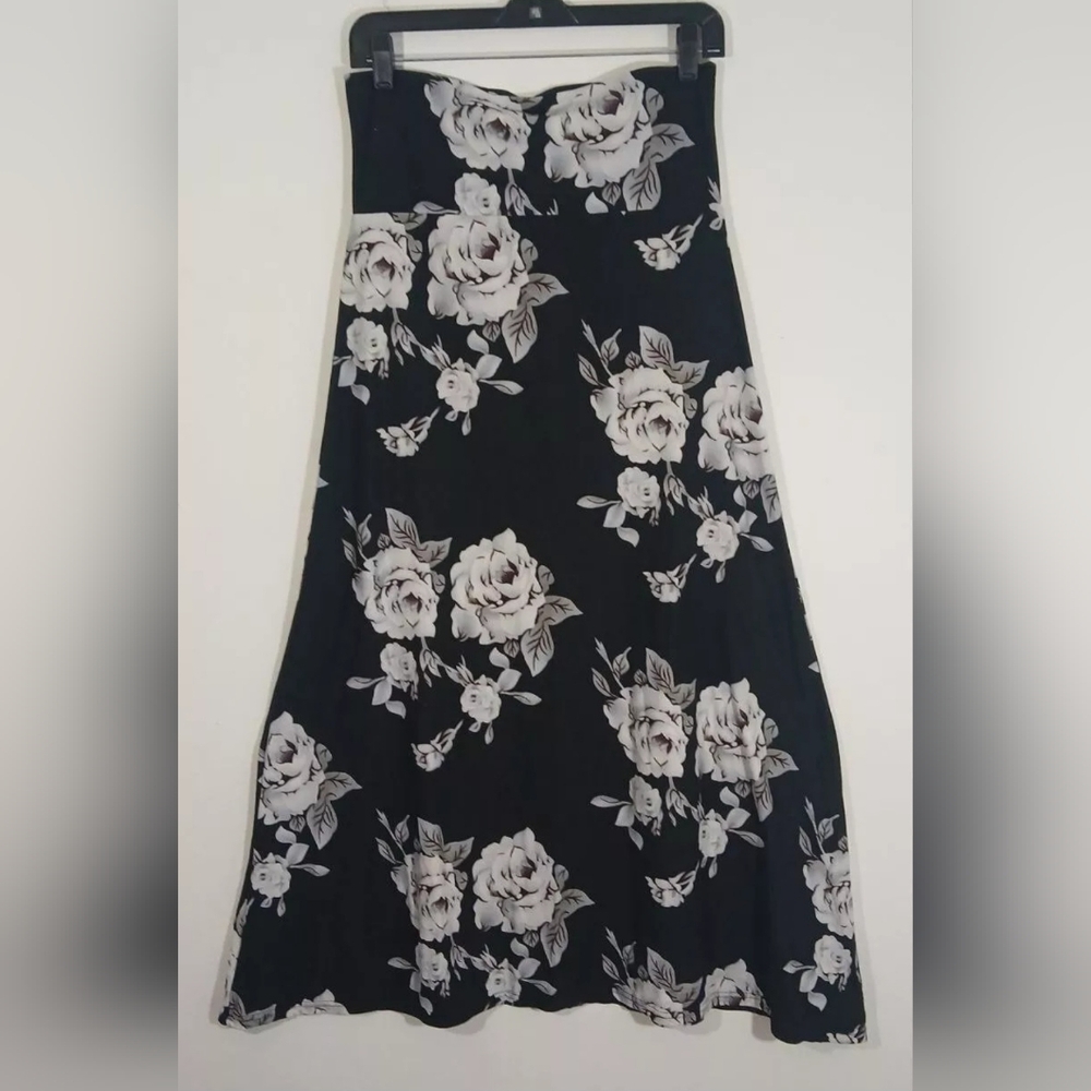 Arianna by Howard´s, Pull On Black White Floral Print Maxi Skirt L/XL NWT C5